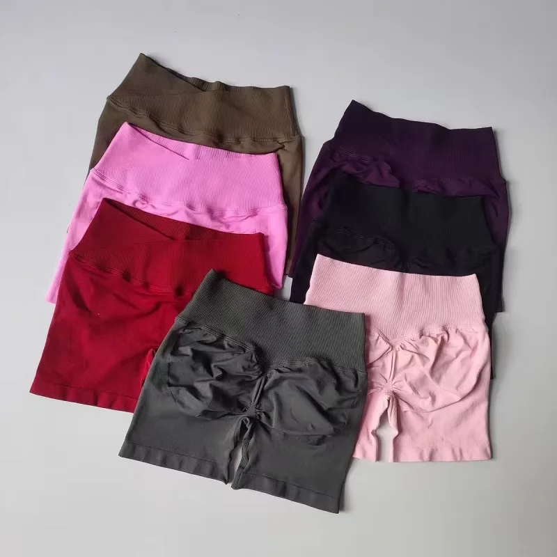 Sommerliche Damen-Yoga-Shorts mit hoher Taille, nahtlos, Po-formend, hochelastisch, atmungsaktiv, für Workout und als Biker-Shorts – Detail 2