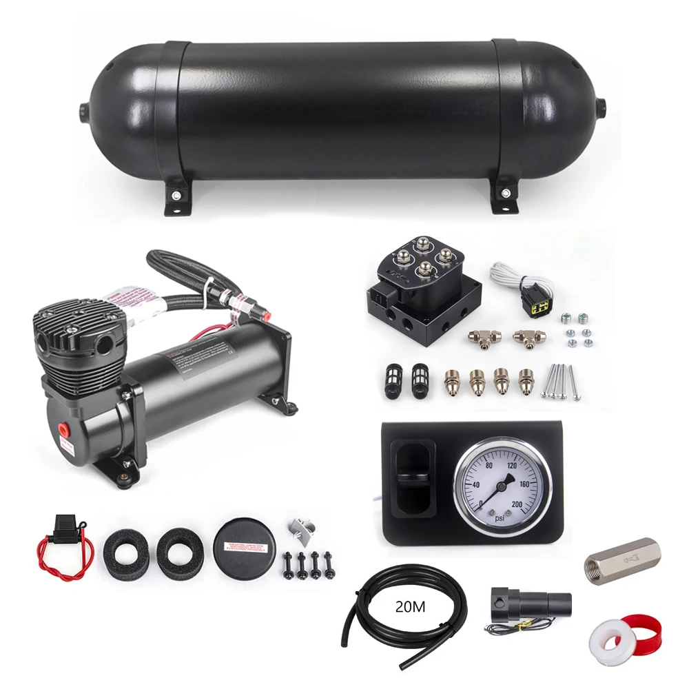 Universal Air Ride Suspension Kit Air Management Kit System &3 gallon Air Tank &3/5 pressure gauge &200psi Compressor Pump Black