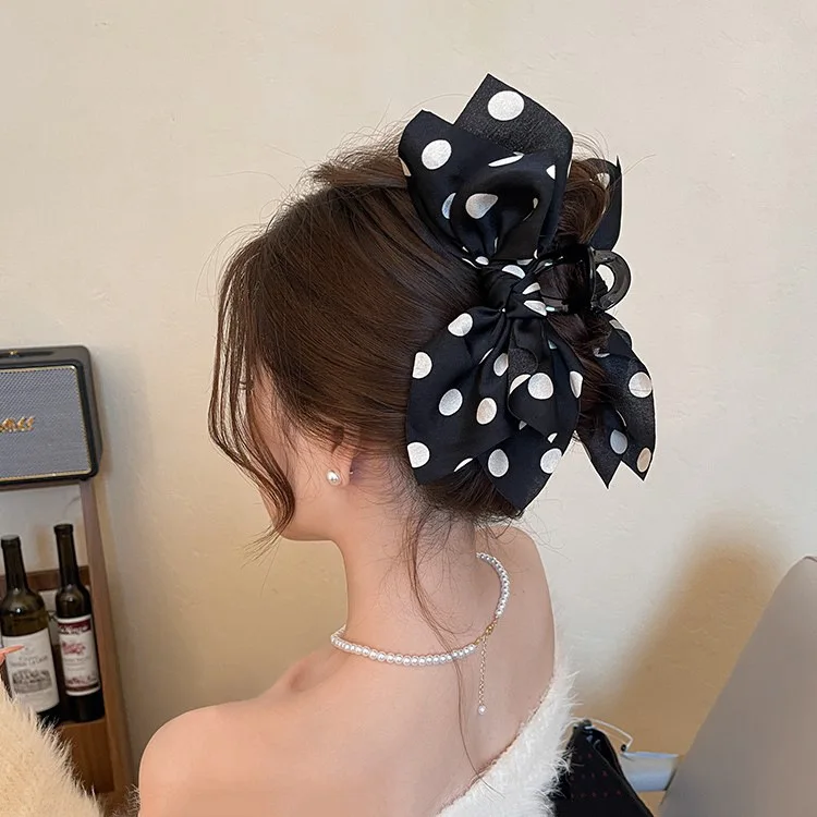 

French Elegant Hair Claw Crabs For Women Polka Dot Fashion Bow Hair Clip Retro Head Shark Clip Luxury Hair Accessories