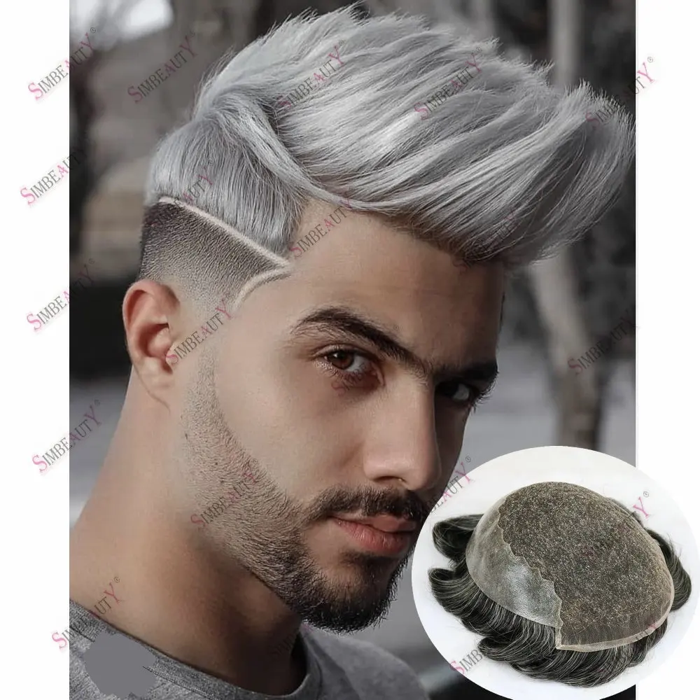 1B65 Grey Natural Hairline Lace Front & Pu Male Hair Wigs Breathable Lace Q6 Mens Toupee Human Hair Blonde Capillary Prosthesis