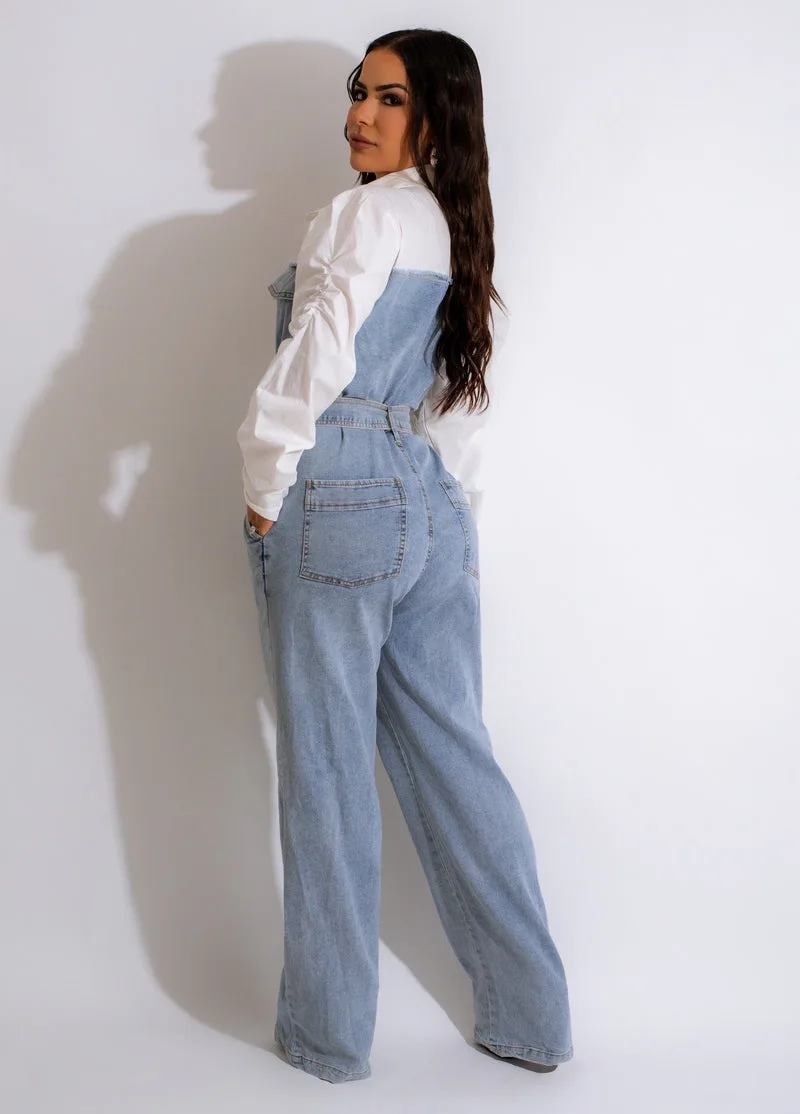 Blue Denim Jumpsuit Autumn and Winter Jean Woman Jumpsuit Full-length Casual Elegant Patchwork Shirt-type Jumpsuit Free Shipping