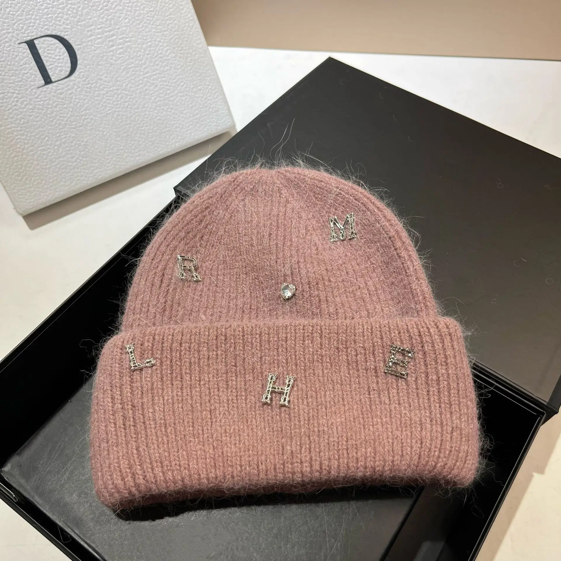 Designer Rhinestones Letter Women\'s Winter Knitted Hat Real Rabbit Fur Warm Beanie Lady Wool Skullies Beanies Skiing Cap