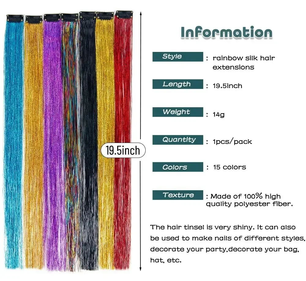 Clip in Hair Tinsel Synthetic 19Inch Colorfull Tinsel Hair Extensions  for Women Girls Party Christmas New Year Gift