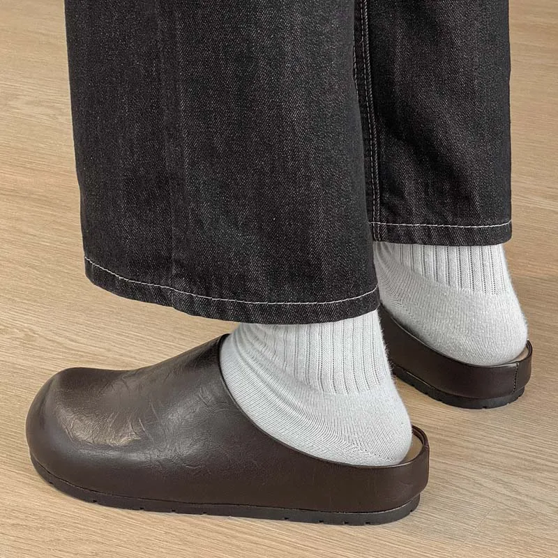Platform Backless Mules Half Drag Loafer Slippers Open-back Casual Shoes for Man Summer Leather Flats Sneakers Slides Sandals