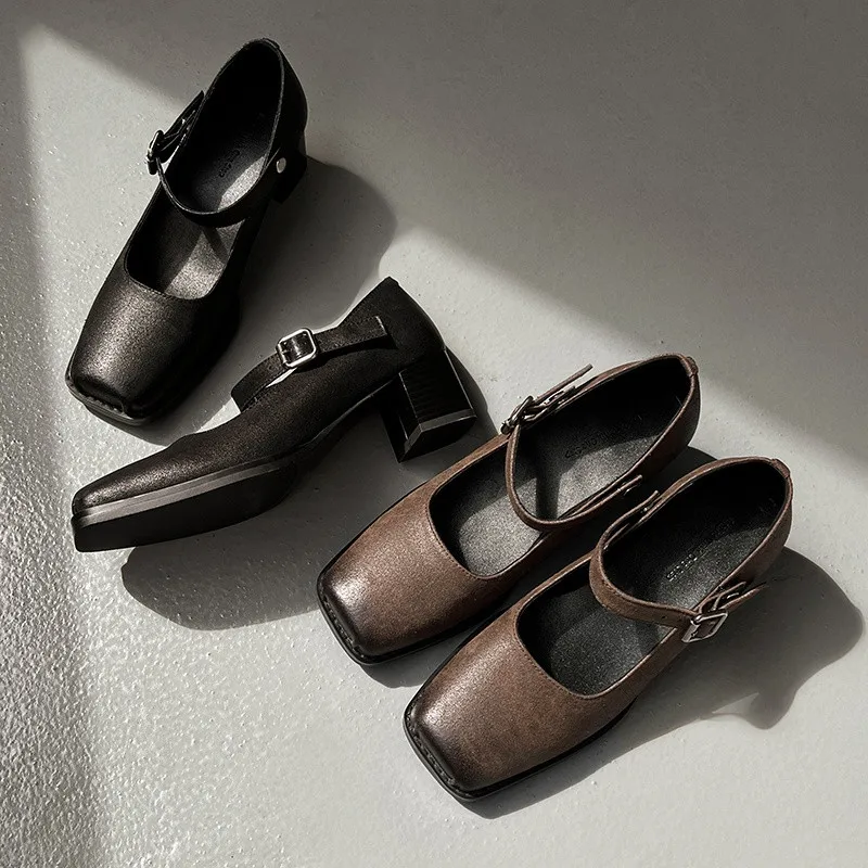 MKKHOU Fashion Boots Women's New High Quality Genuine Leather Shoes Detachable Barrel Thick Heel Mary Jane Women's Shoes