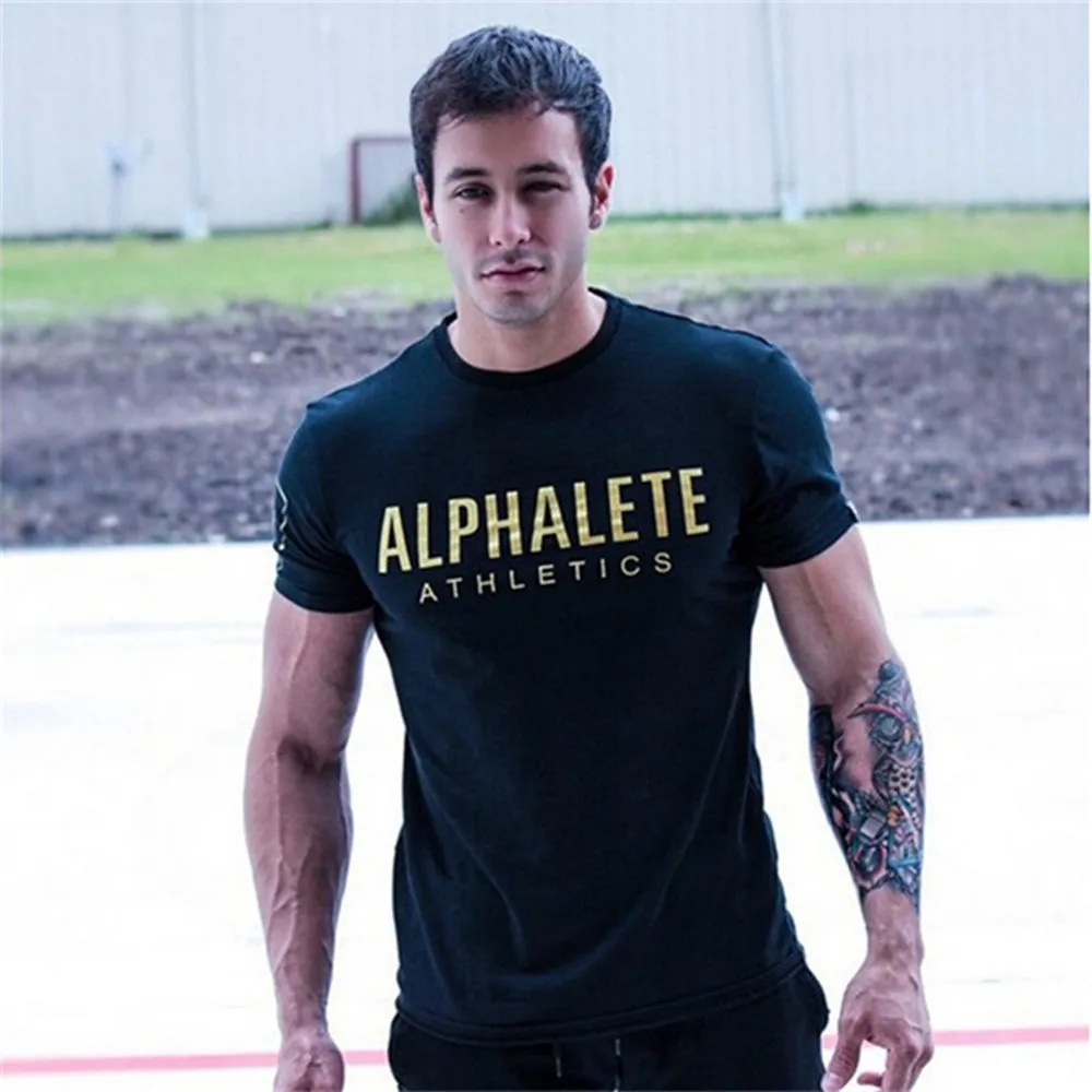 Cotton Running Sport T-shirt Men Gym Fitness Skinny Shirt Short Sleeve Print Tee Tops Male Summer Bodybuilding Training Clothing