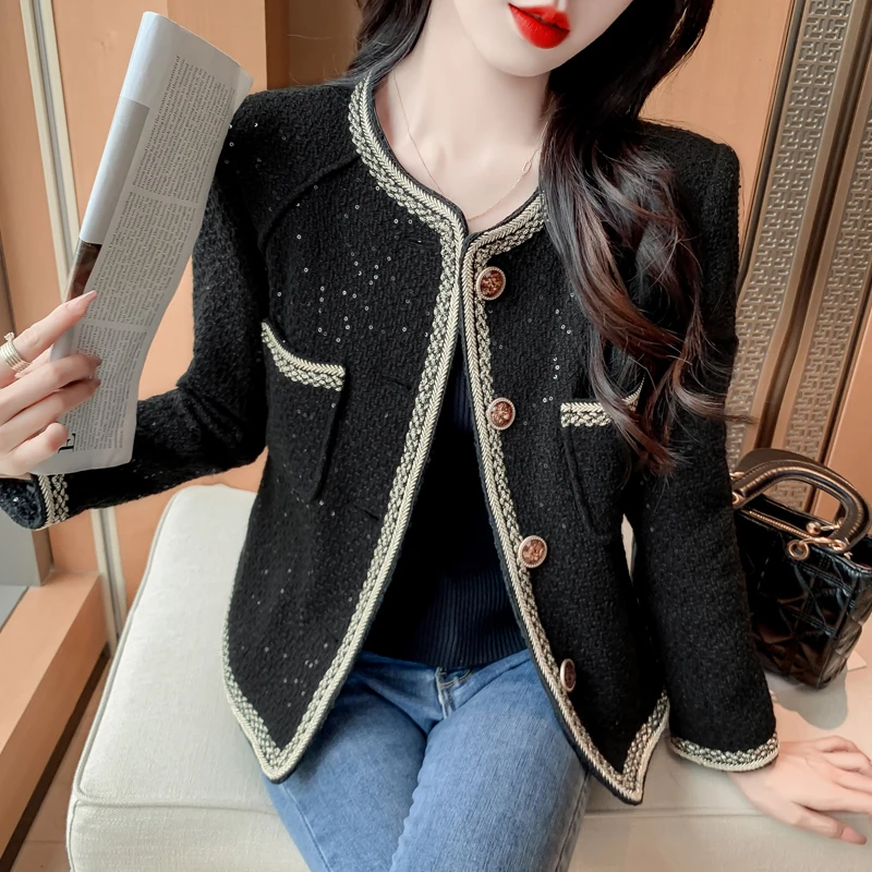 Elegant Short Coat Women's Fashion Autumn Winter New Style Bright Sequin Thick Tweed Single Button High Quality Outerwear