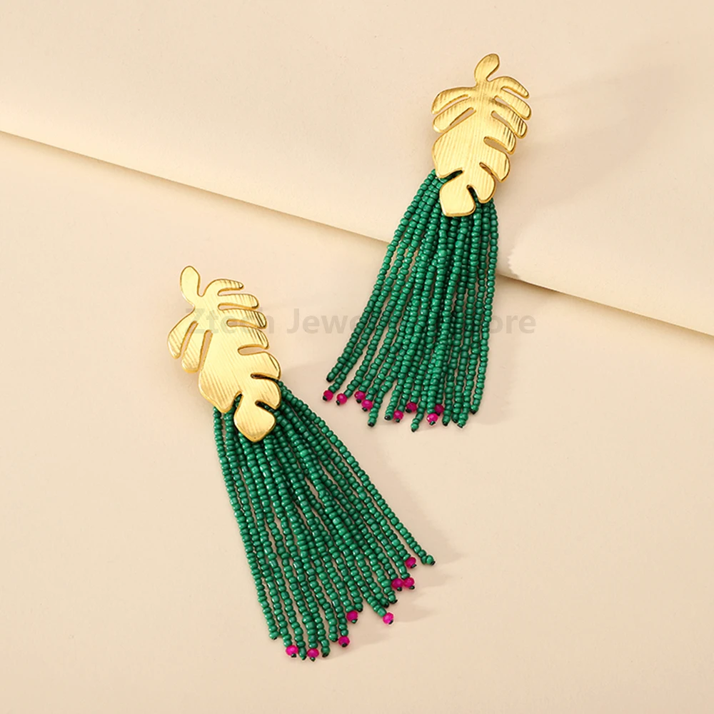 Metal Leaf Tassel Beaded Charm Decor Long Dangle Earrings For Women Luxury Charm Particular Holiday Pendant Jewelry Accessories