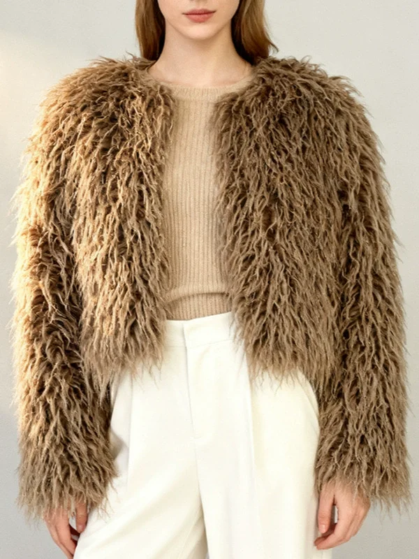 

Spring Autumn Shaggy Fluffy Faux Fur Coat Solid Color Sweater Long Sleeve Short Jacket Women's Lamb Wool Fur Coats Puffy Outwear