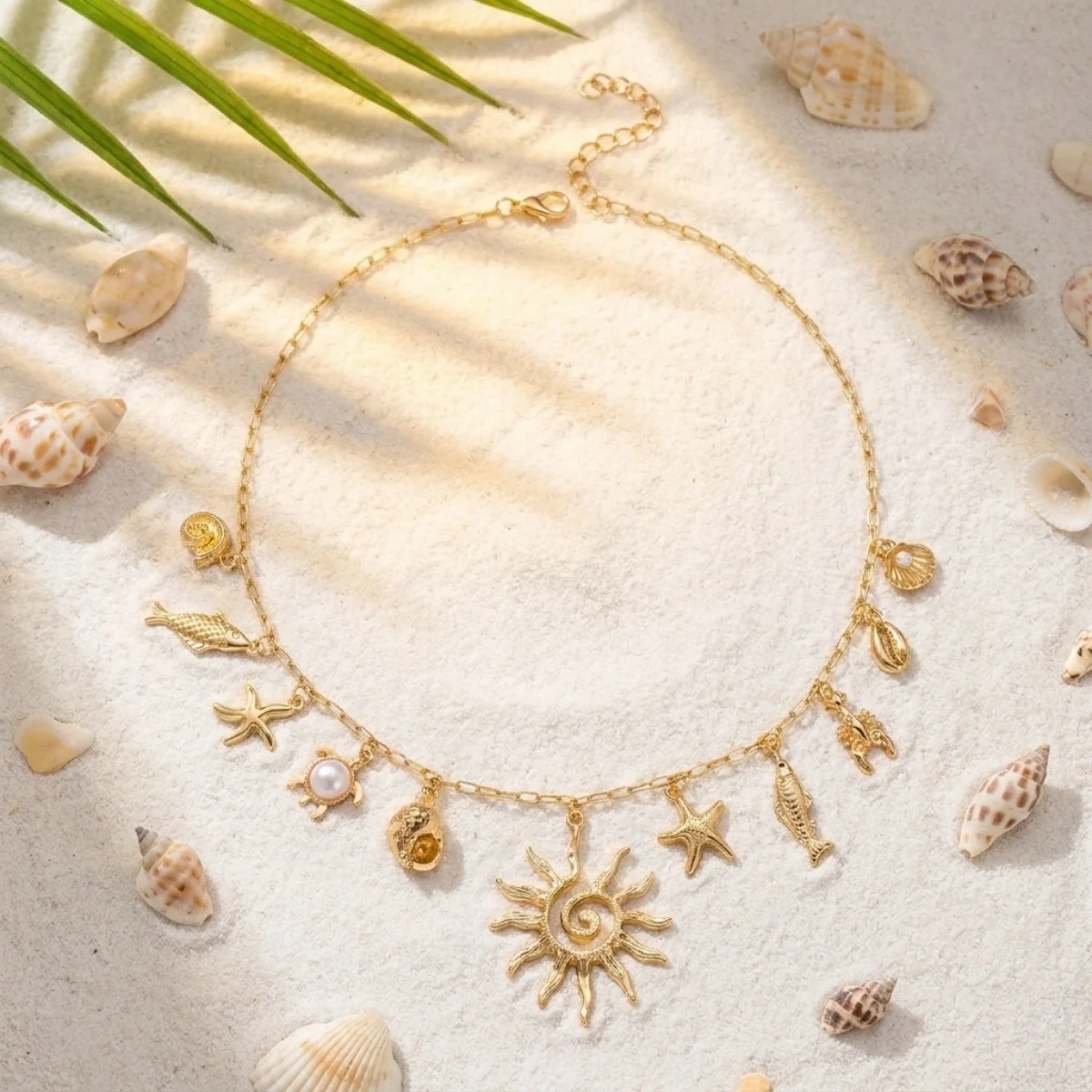 Boho Küsten-Halskette mit Seestern, Muschel, Seepferdchen, Schnecke, Fisch, Kokosnussbaum-Anhänger für Damen und Herren, Sonnen-Hummer-Choker, Sommer-Schmuck – Detail 21