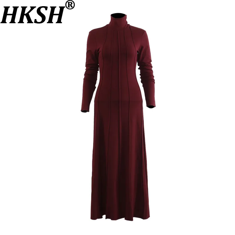 

Новое женское платье HKSH 2026 Весна-Осень, с высоким воротом, длинным рукавом, однотонное, приталенное, драпированное, универсальное, элегантное, в стиле Ins, модель HK18556