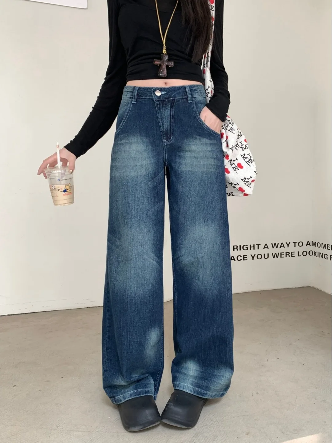 

Retro Blue Wide Leg Jeans Women's Casual Low Waist Loose Slimming Draping Long Pants Spring 2026 New Style Standard Fit