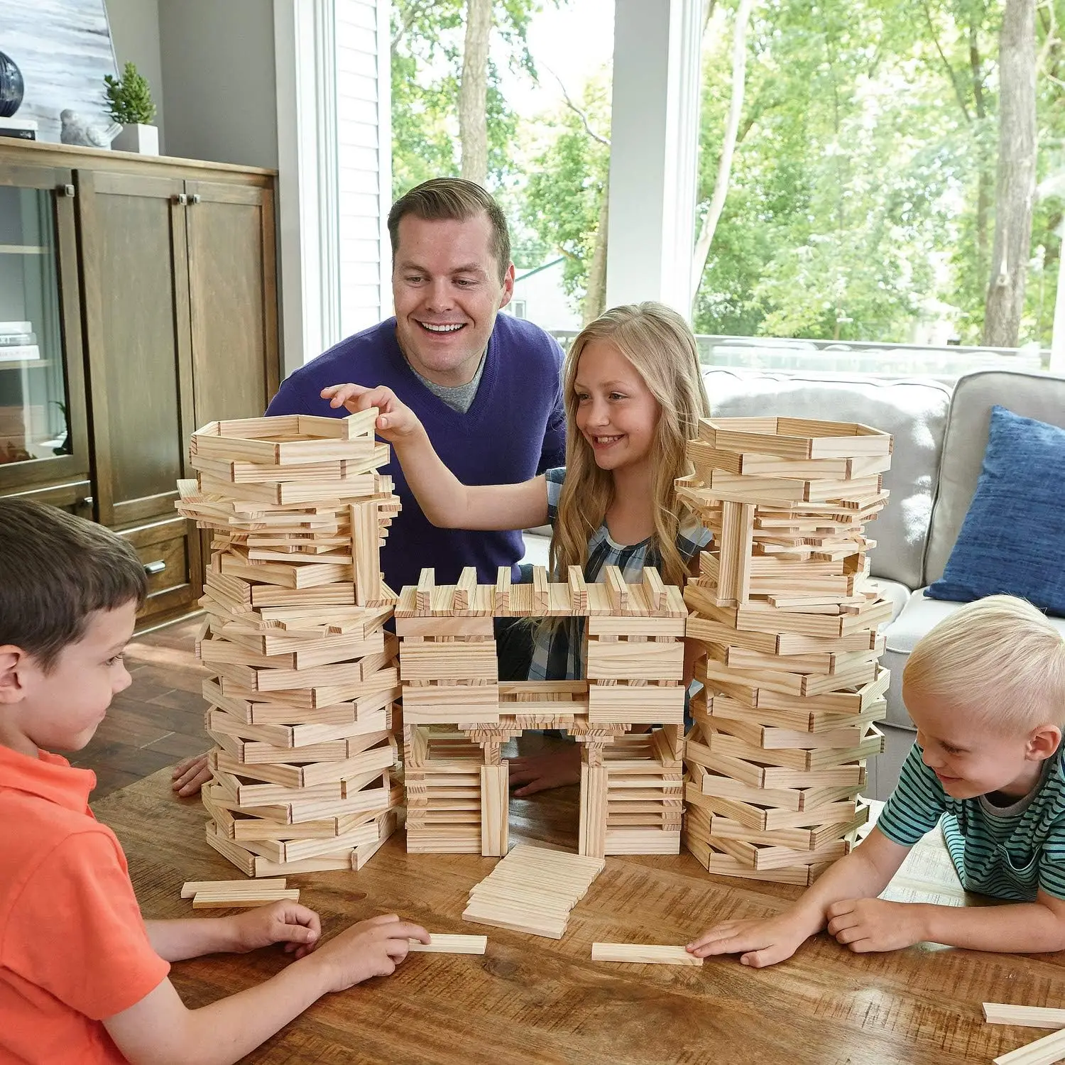 Strukturen 400 Planken-Bausteine-Set aus Holz – inklusive 400 Kiefern-KEVA-Planken, Aufbewahrungstasche aus Segeltuch und farbigem Ideenbuch