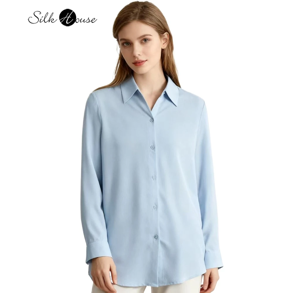 

Autumn New 100% Natural Mulberry Silk 03 Crepe De Chine Lapel Blue Gray OL Style Casual Versatile Long Sleeved Shirt for Women