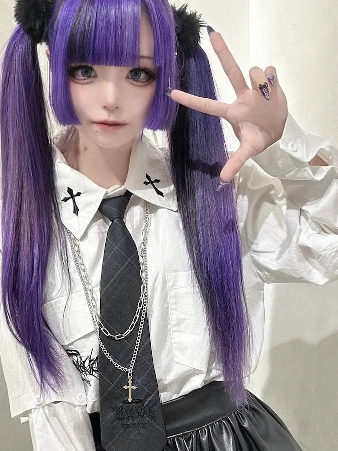 Japanese Mine Embroidered Cross Print Loose Long Short Sleeve Two Wear Shirt Women's Subculture Shirt with Chain