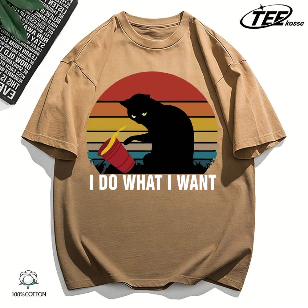 Katze tun, was es wollen Druck Herren Retro T-Shirts Baumwolle All-Match T-Shirt lose Rundhalsausschnitt Unisex Sommer kreative Batik-Kleidung