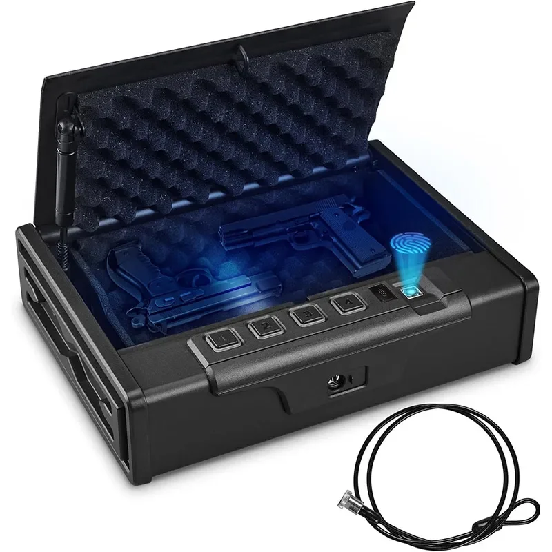 

Биометрический сейф для пистолета с быстрым доступом и бесшумной работой отпечатком пальца, клавиатурой и клавиатурой с портом аварийного питания типа C.