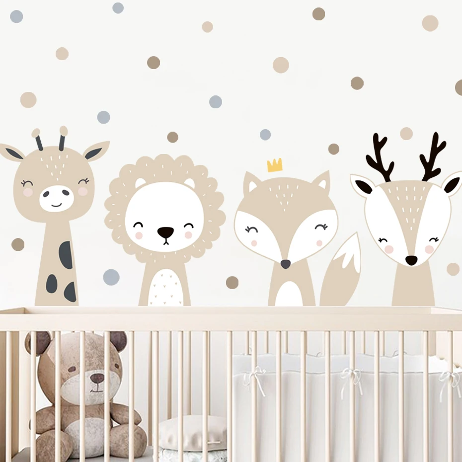 Cartoon Cute Deer Fox Polka Dots Beige Wall Sticker Children's Nursery Vinyl Wall Decal Peel and Stick Baby Kids Room Home Decor