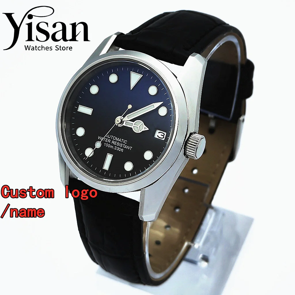 

DIY Watch 36mm NH35 automatic movement sapphire glass leather wrist strap cyan luminous casual watch