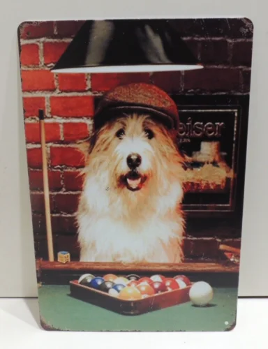 NEW Metal Sign Dog Collie Playing Pool Billiards 12x8in Cute Pool Hall