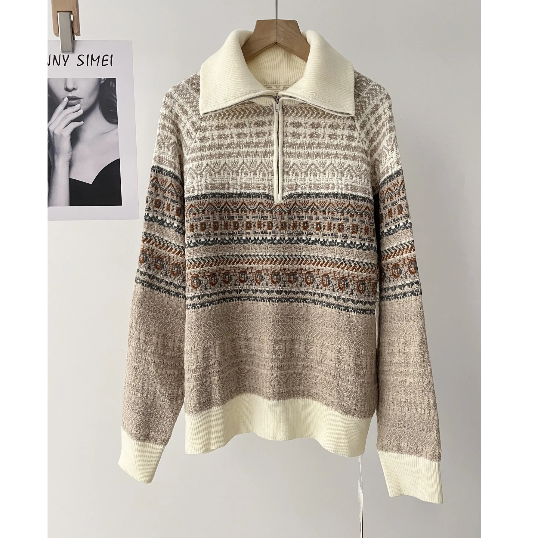 

Осенне-зимний вязаный свитер в стиле ретро с полуоткрытым воротником и лацканами на молнии, женский 51c-1747