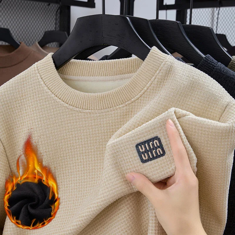 

Autumn and Winter Men's Quality Design Business Knit Round Neck Sweater South Korean Ollie Velvet Long Sleeve Embroidery