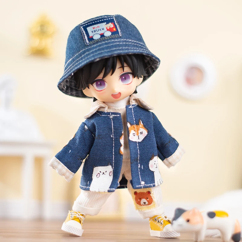 OB11 Doll Clothes Set Cool Boy Long Sleeve Jeans Suit Coat Cotton Fisherman Hat For Obitsu11 GSC Molly 1/12BJD Body Loose Suit