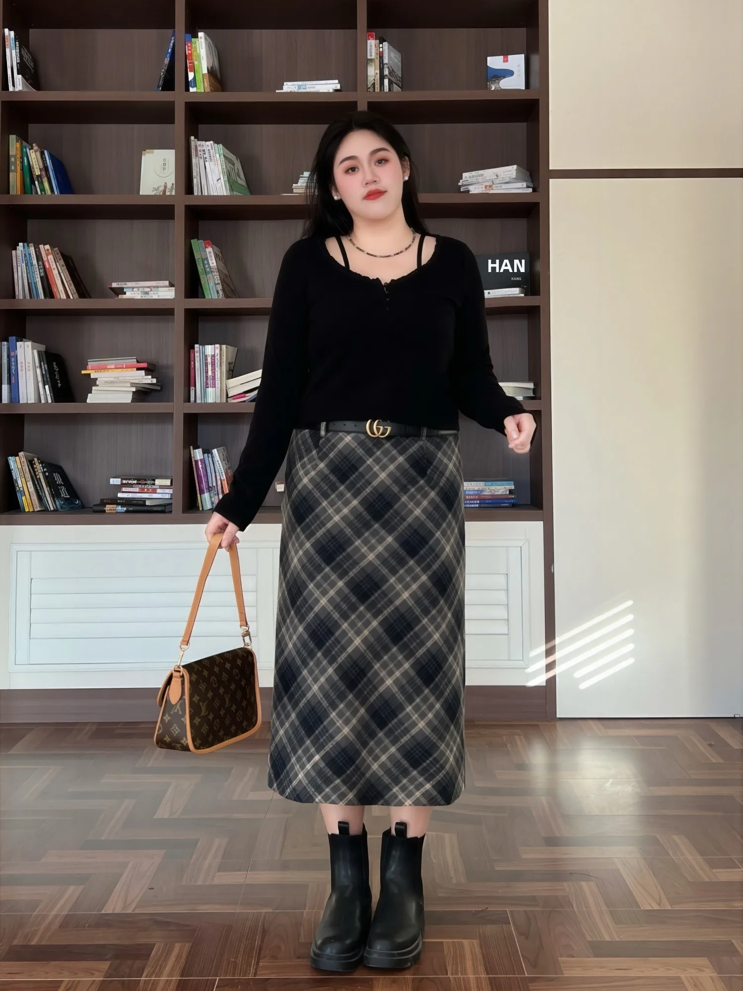 

plus Size Winter Plaid Casual Commute Versatile Slimming A-Line Skirt High Waist Long Skirt Polyester Fiber Elegant Style
