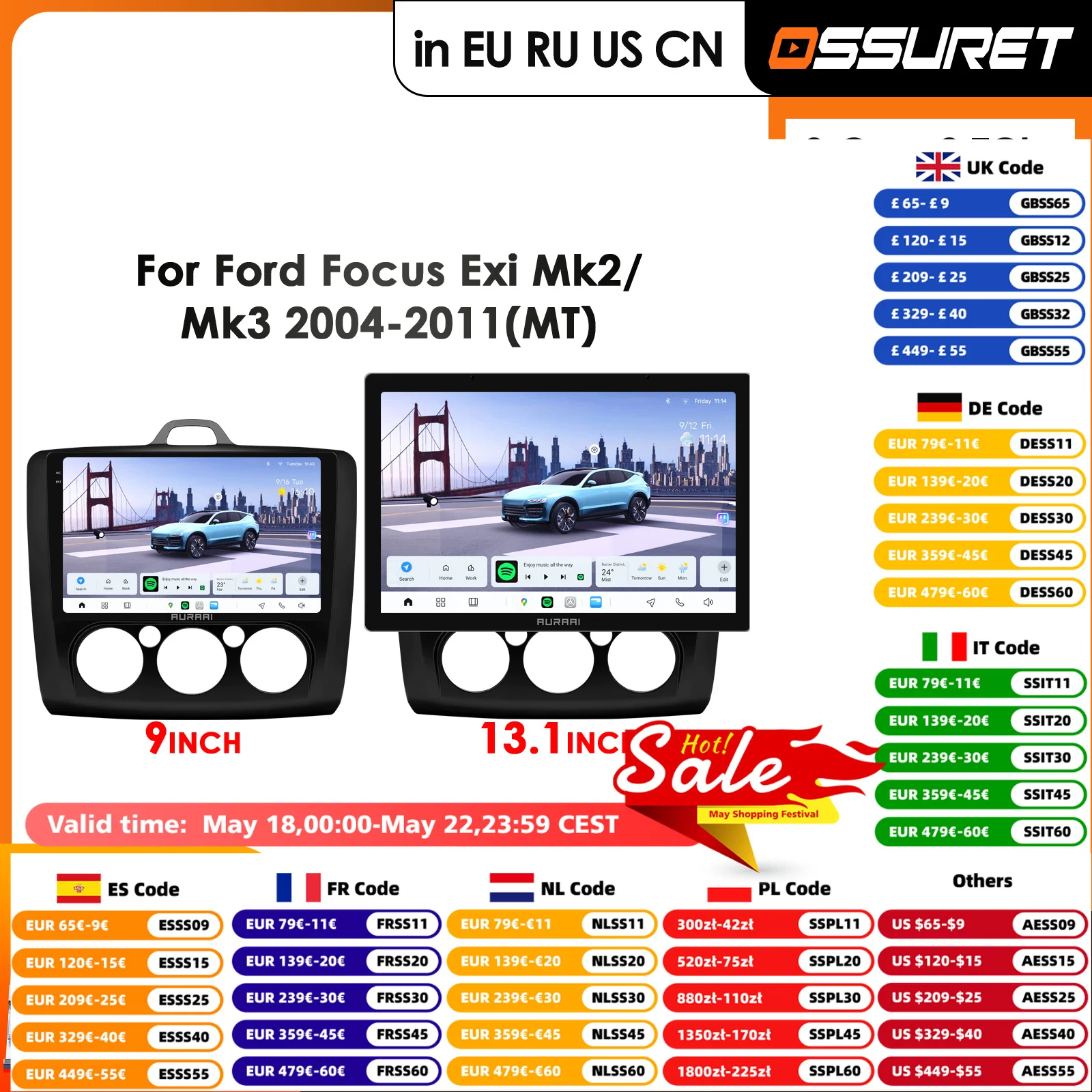 

9 Inch 2K Screen Car Radio for Ford Focus 3 Mk3 2004 - 2011 Manual Air condition Multimedia Video Player GPS DSP WIFI 3D Display
