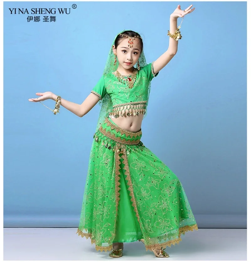 

Костюмы для танца живота для детей, комплект из 2/3/5/7/8 предметов, танцевальная одежда сари, детское индийское платье для танцев в стиле Болливуд, 3 цвета