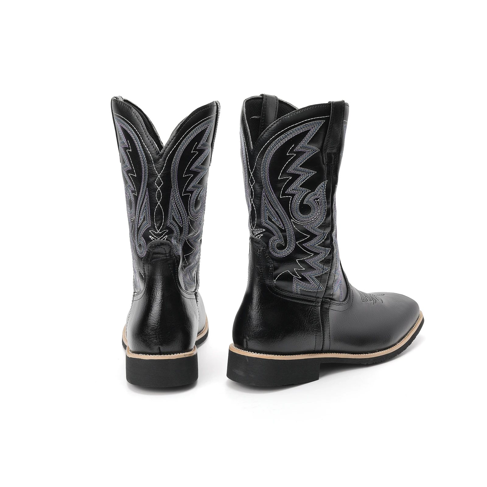 Femmes bottes occidentales bout carré sans lacet mi-mollet cousu Botas Cowgirl bottes femme broderie talon bas chaussures de rue
