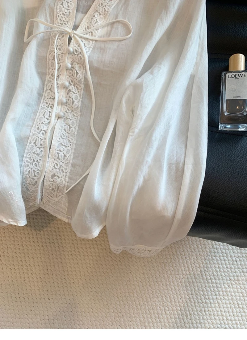 Blusas de estilo chino para mujer, camisas Vintage lisas, ropa holgada de verano a la moda, Tops de mujer de lino y algodón de manga larga con cuello en V