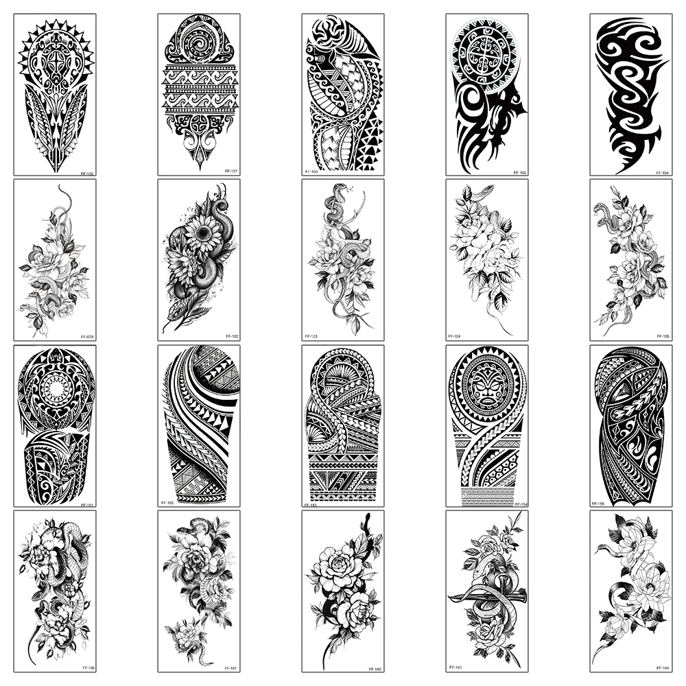 

20Pcs/Set,Waterproof Temporary Fake Tattoos Stickers,Water Transfer Decal, Black Flower Snake Totem,Cool Body Art for Man Women