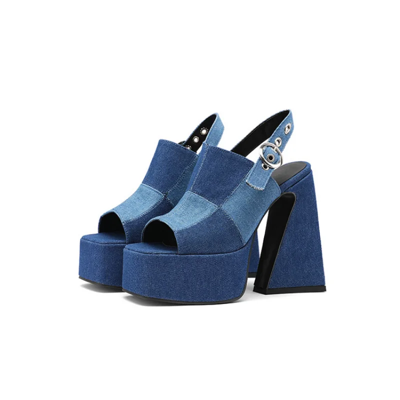 2023 European and American Large Denim Cloth Wrapped Sandals Women\'s Color Block High-heeled Thick Soled Open Toe Sandals