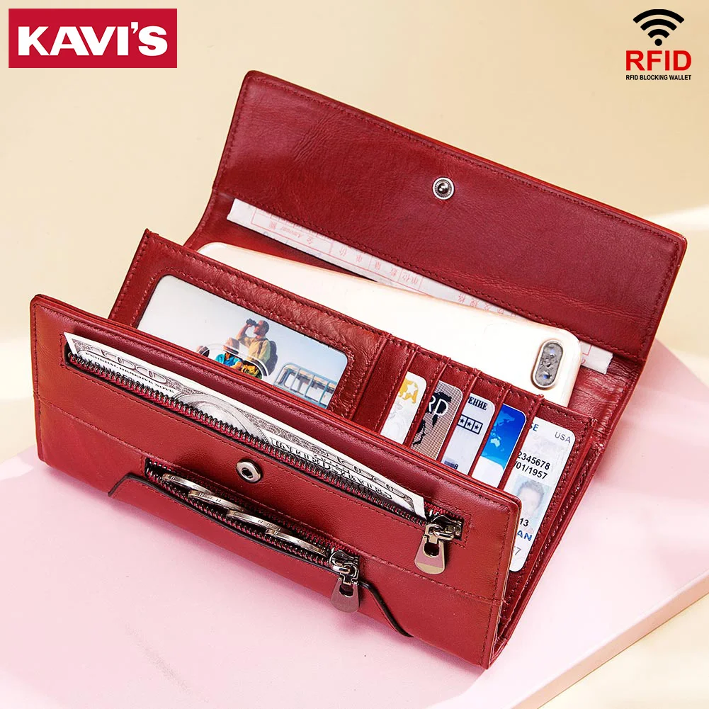 KAVIS Women Long Wallet Genuine Leather RFID Card Holder Large Capacity Multi Card Organizer Cell Phone Bag with Coin Purse