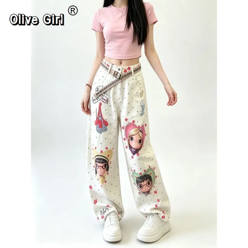 Olivegirl Ladies' Jeans American Retro Sweet Painted Polka Dot Women's Pant Curved Moon Slim Straight Leg Floor Length Trousers
