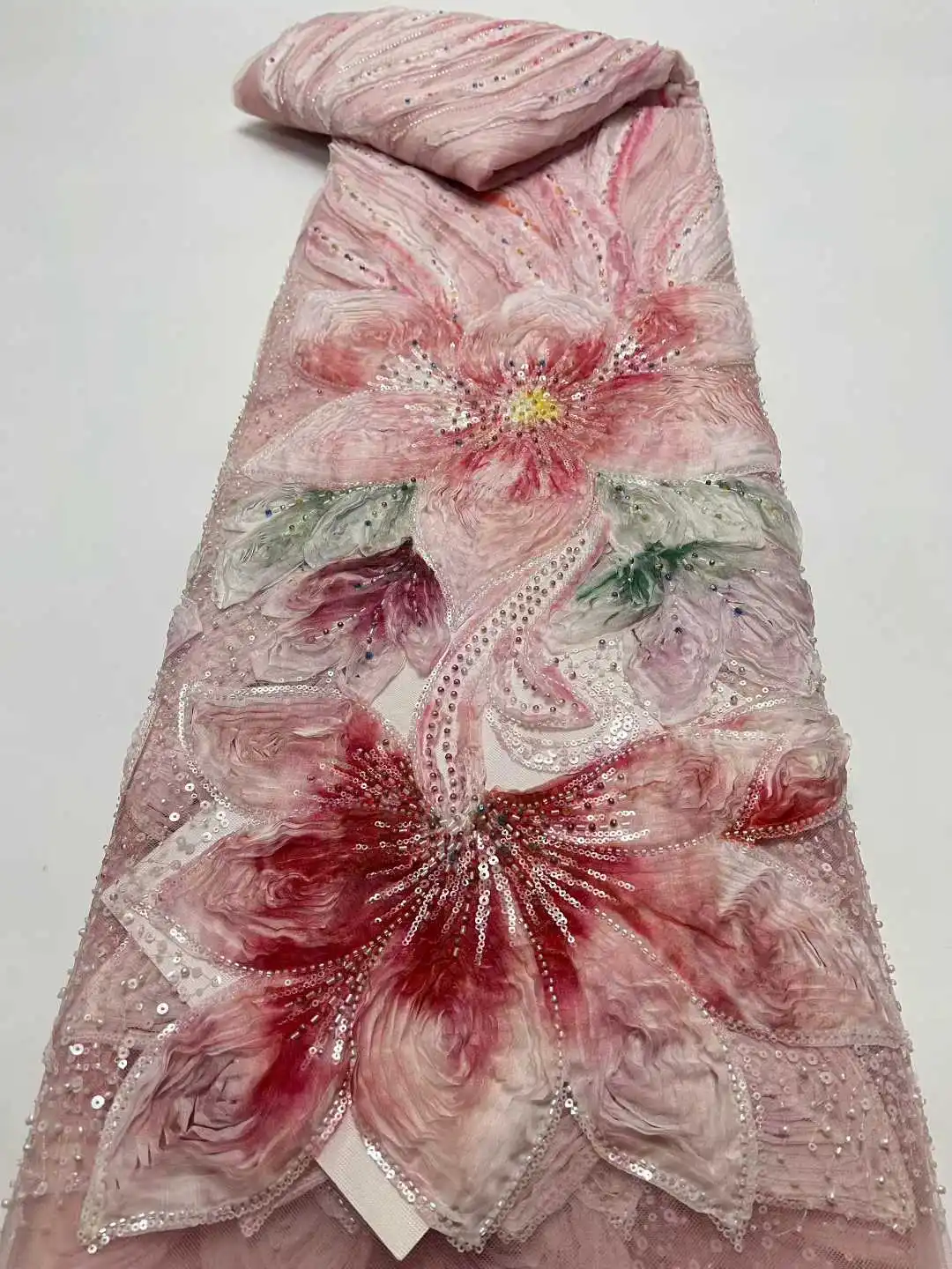 

Latest African Beads Lace Fabric 2026 High Quality French 3D Flower Sequins Embroidery Lace Tulle Lace Fabrics For Party Dresses