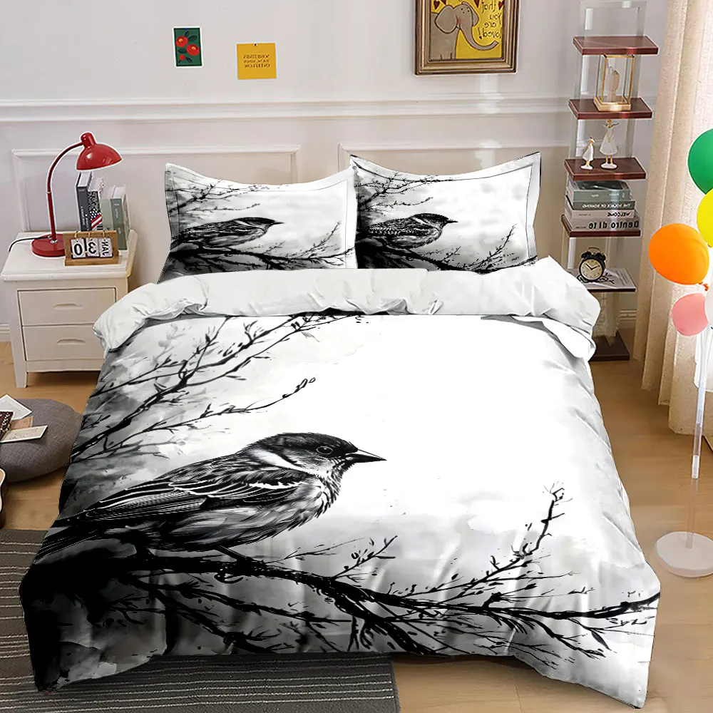 Bird on a Branch in Monochrome Duvet Cover Set with 3D Printing Design Soft Polyester Bedding Set All-Season Comfort for gifts