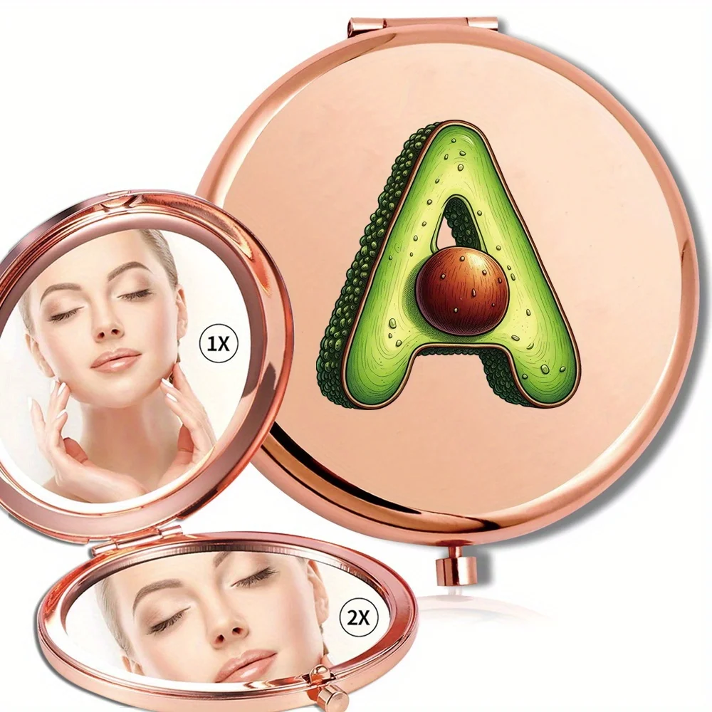 Runder Make-up-Spiegel aus Metall, kompaktes Hand-Beauty-Tool, langlebig, hochauflösender doppelseitiger Spiegel mit Obst-Buchstabenmuster