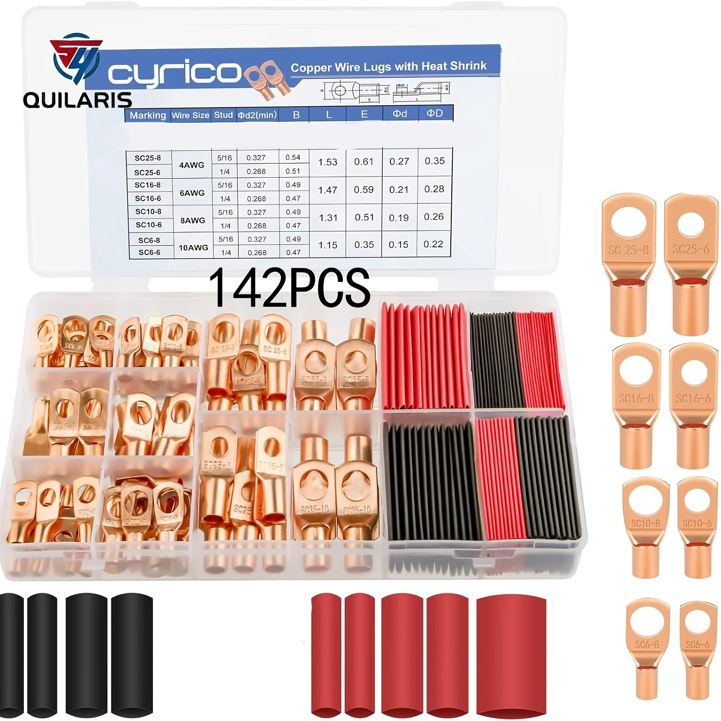 142 PCS battery terminal connectors, copper wire connector sets, in AWG 2, 4, 6, 8, and 10 specifications - 60 battery ring terminals and 82 heat shrink tube kits, suitable for electrical accessories in ships, cars, trucks, etc.