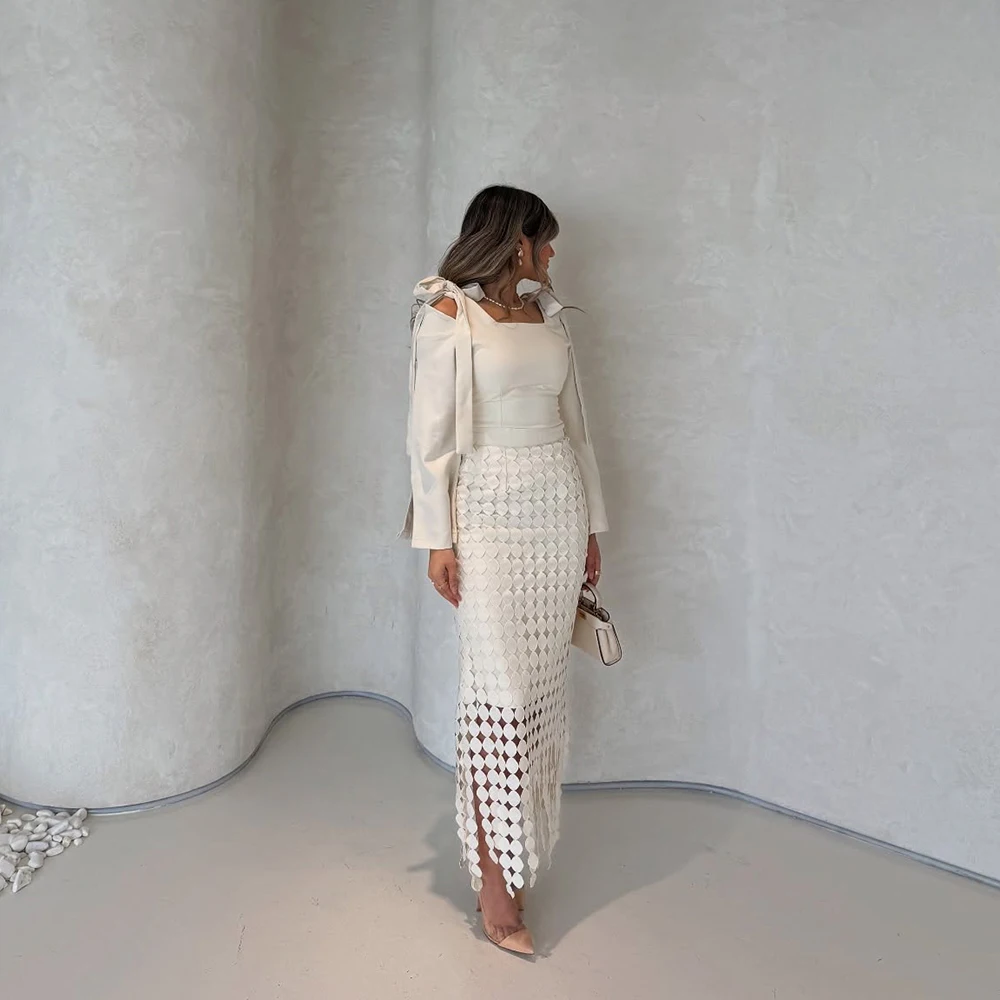

Customized Square Collar Jersey Straight Evening Dress Full Sleeves With Bow Party Dress Ankle Length Prom Gown