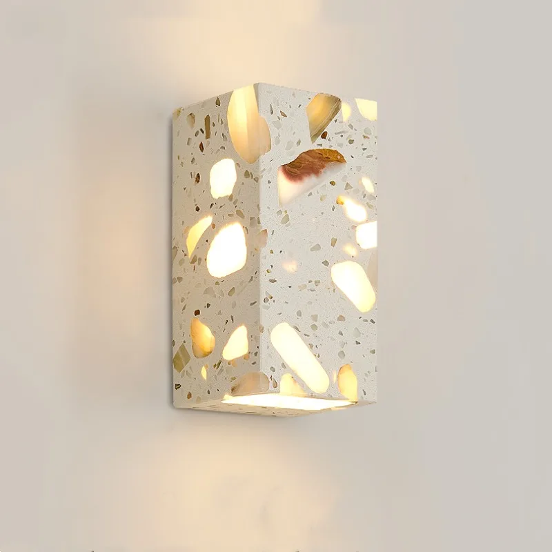 

Nordic Modern LED Wall Lights Study Balcony Living Room Square Natural Terrazzo Stone Wabi Sabi Wall Lamp Lamparas De Pared