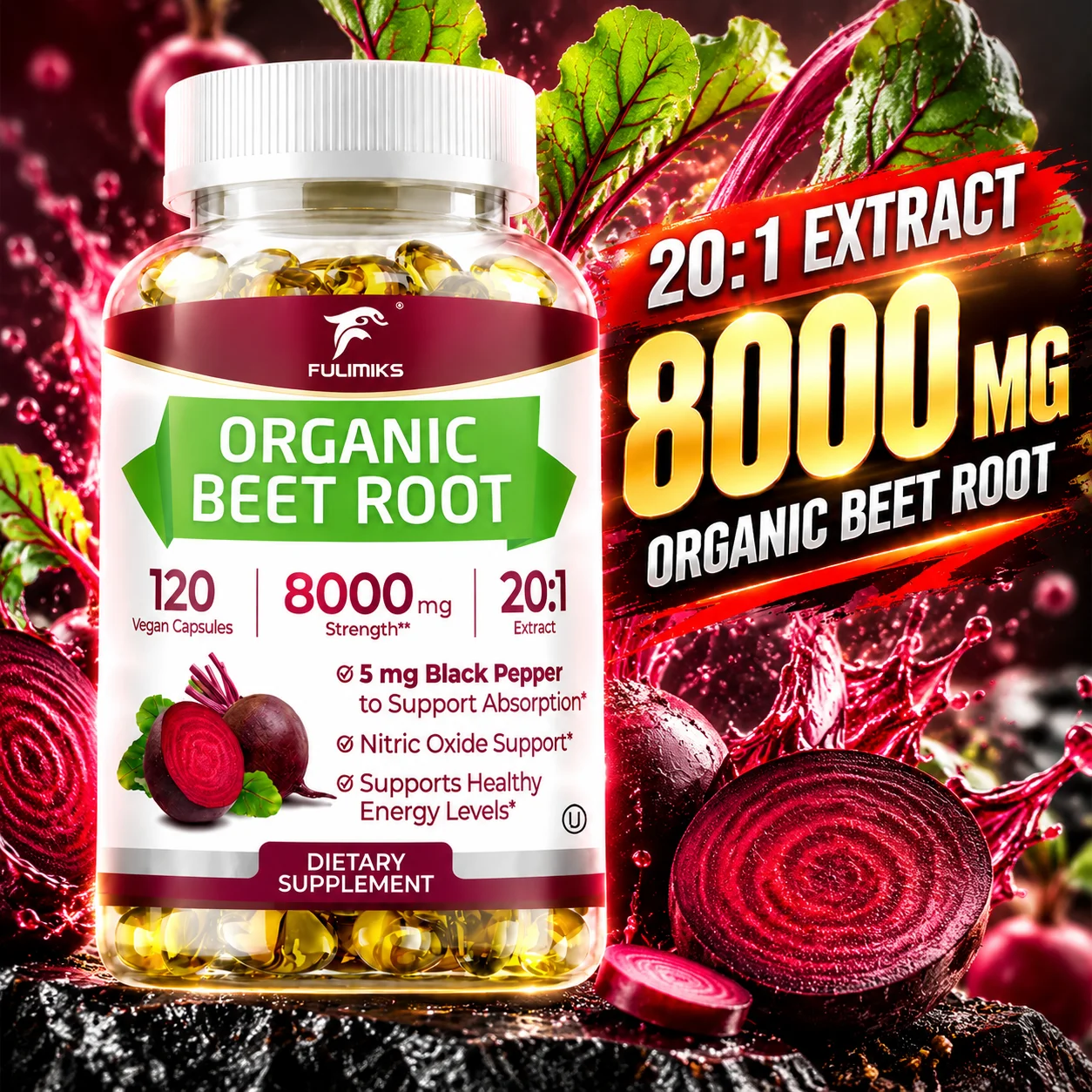 FULIMIKS Organic Beet Root Supplement, with Black Pepper, Support Natural Nitric Oxide & Heart Health, Fatigue, Stamina, Energy