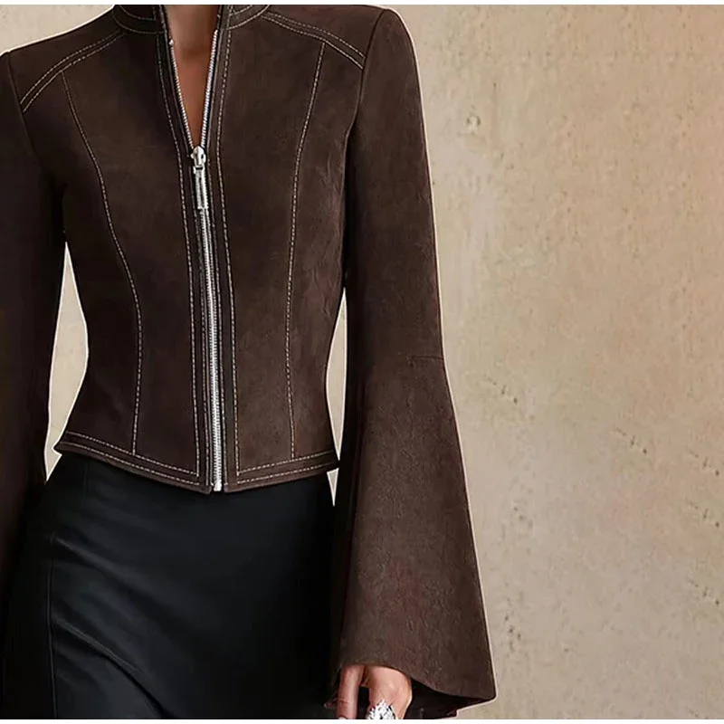 Damenmäntel mit Stehkragen, tailliert, kurze Jacken, Herbst, weiblich, ausgestellte lange Ärmel, Reißverschluss, einfarbig, schlanke Jacke, neue Oberbekleidung – Detail 5