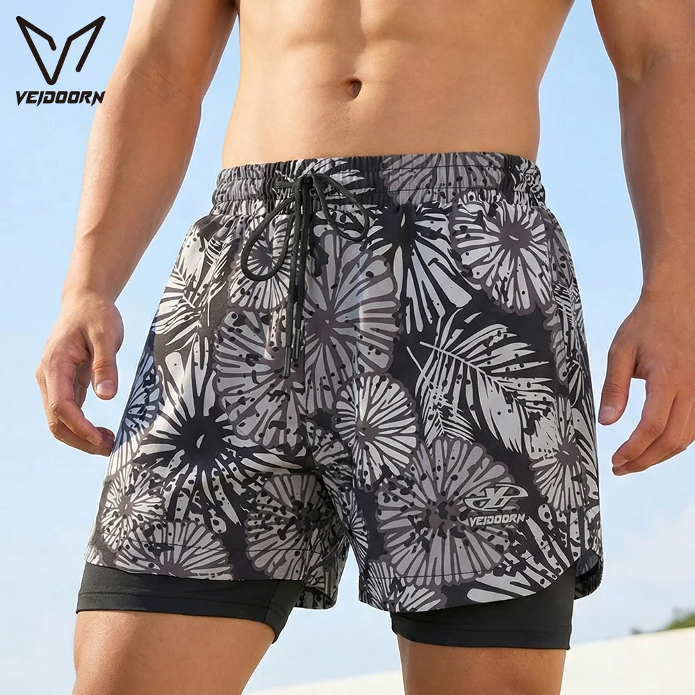 Veidoorn Men's Youth 5 Inch Swim Trunks Quick Dry Beach Board Shorts Anti-Exposure Double Layer Lining Family Matching Swimwear