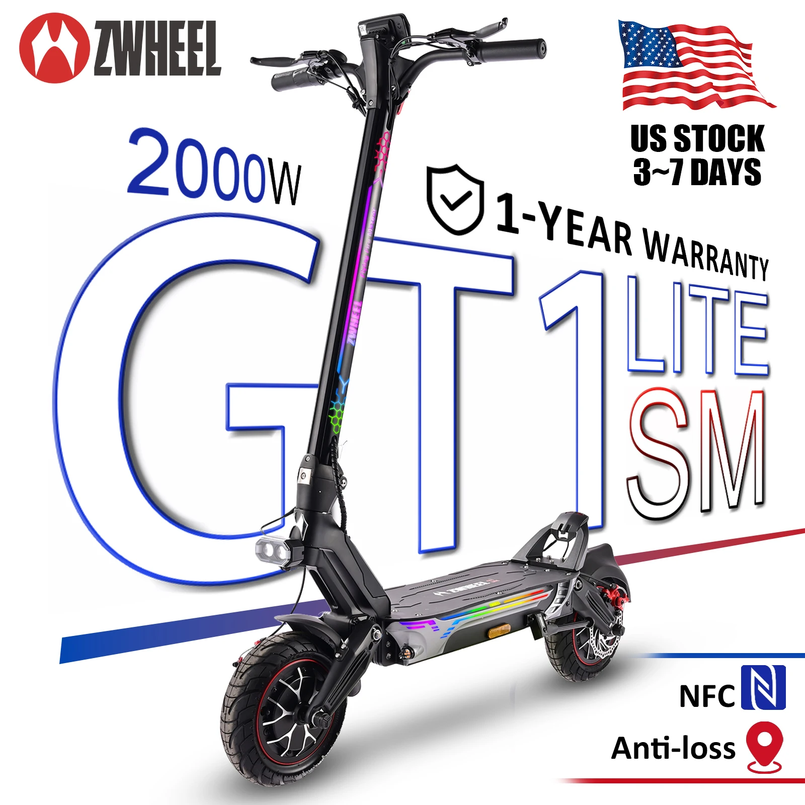 ZWHEEL GT1-Lite Adult Performance Electric Scooter 2000W Peak Rear Drive Max Speed 39 MPH Max Range 50 Miles 1300Wh Battery 35% Max Lncline 11''Off-Road Hands-Free Unlocking Smart APP Anti-theft Dual Disc Brakes Safety Braking Foldable EScooter US Stock