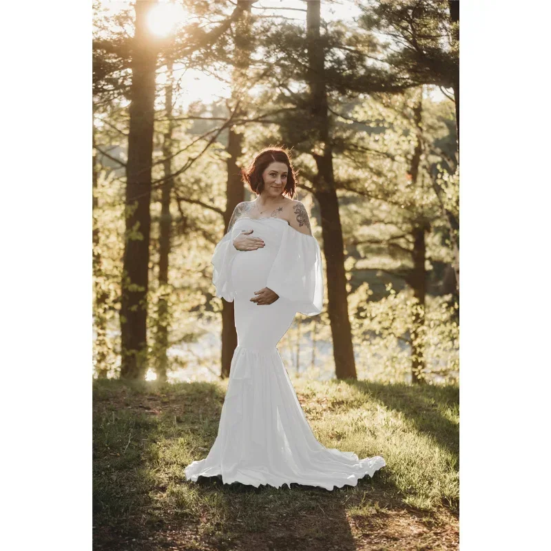 فستان حمل بدون أكتاف بلون سادة لالتقاط الصور مع الكشكشة ودعائم التصوير الفوتوغرافي فستان حمل الحمل