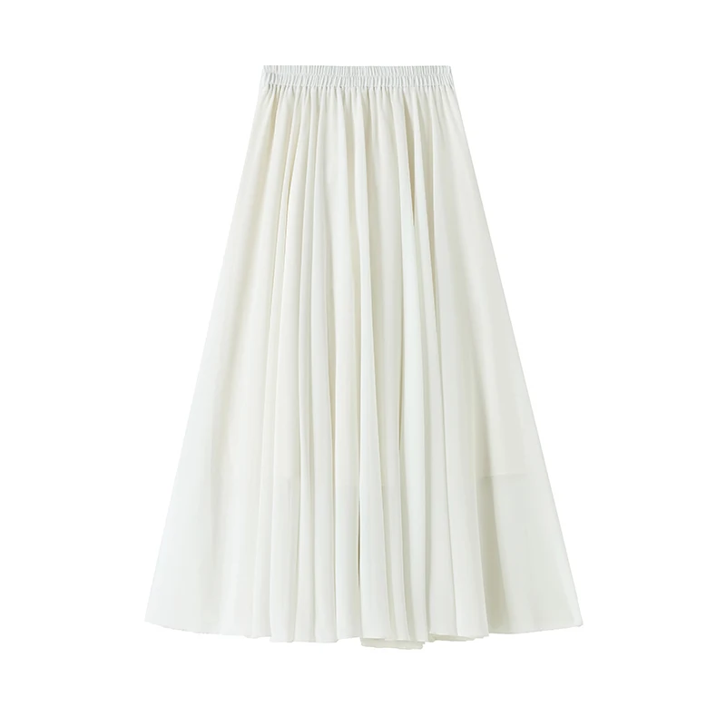 mulheres no verão de 2025, com cintura alta elástica e efeito emagrecedor, saia guarda-chuva grande evasê, saia longa plissada