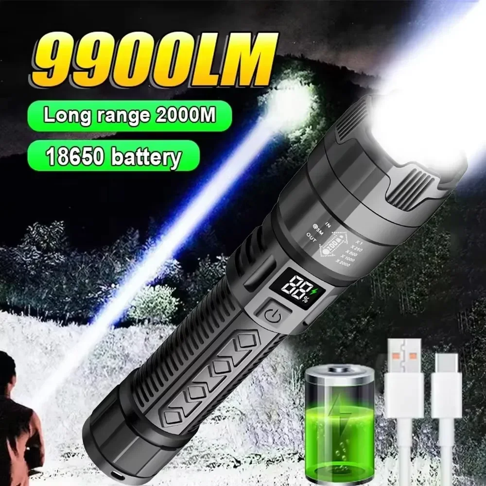 Ultra Bright LED Flashlights Portable Type-C Rechargeable Long Range Zoom Torch 2000LM Outdoor Tactical Lantern Camping Fishing