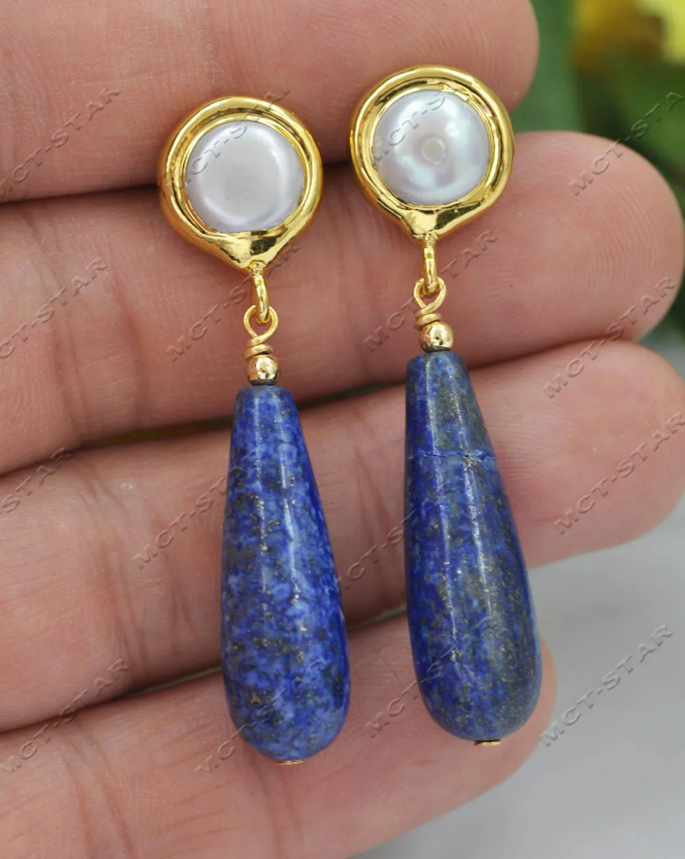 Z13585 30mm Blue Teardrop Lapis lazuli White Pearl Dangle Earring Custom Jewelry